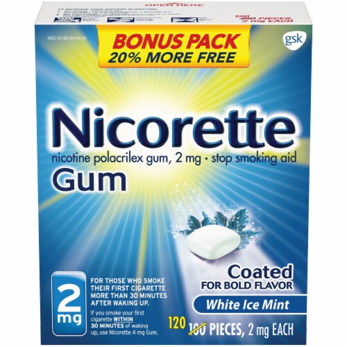 Nicorette White Ice Mint Nicotine Gum 2mg Perspective: front