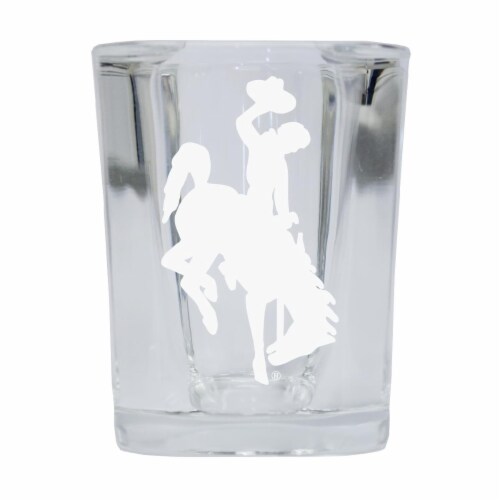 R & R Imports SGSE2-C-WY20 Wyoming Cowboys 2 oz Square Shot Glass Laser Etched Logo Design - Perspective: front
