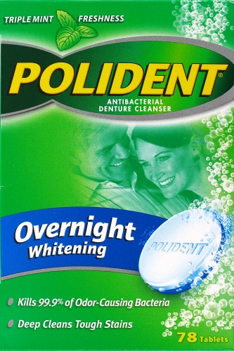 Polident Overnight Whitening Triple Mint Antibacterial Denture Cleanser Tablets Perspective: front
