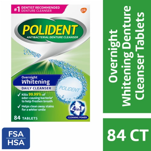 Polident Overnight Whitening Antibacterial Denture Cleanser Effervescent Tablets Perspective: front