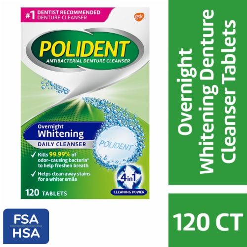 Polident, Antibacterial Denture Cleanser, Overnight Whitening, 4 in 1 Cleaning Power Perspective: front