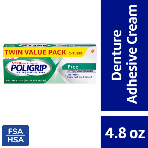 Poligrip, Super Poligrip Free, Denture Adhesive Cream, Flavor Free, Zinc Free Perspective: front