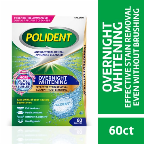 Polident Overnight Whitening Antibacterial Dental Appliance Cleanser Tablets Perspective: front
