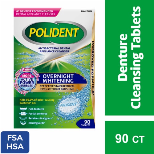 Polident Overnight Whitening Antibacterial Dental Appliance Cleanser Tablets Perspective: front