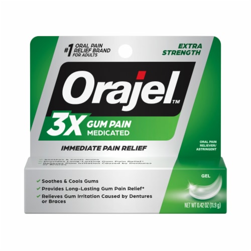 Orajel 3X Medicated Gum Pain Gel Immediate Pain Relief Perspective: front