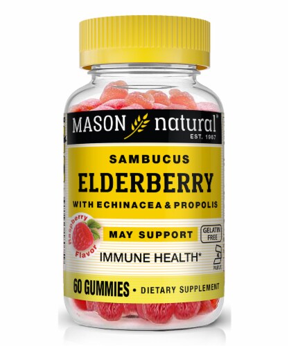 Mason Natural Raspberry Flavor Sambucus Elderberry Supplement Gummies Perspective: front