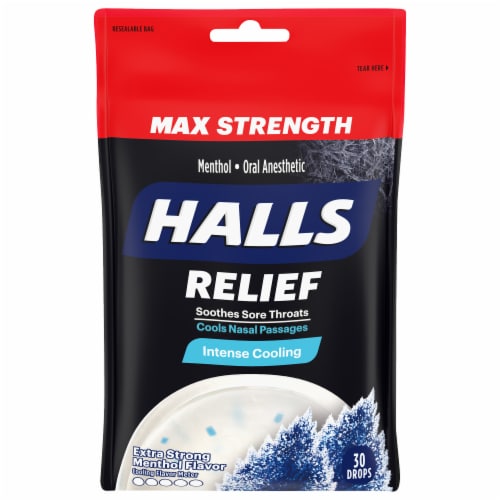 HALLS Relief Intense Cooling Extra Strong Menthol Flavor Oral Anesthetic Drops Perspective: front