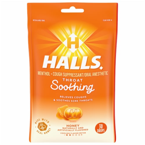 HALLS Soothe Honey Flavored Cough Suppressant Drops Perspective: front