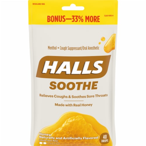 HALLS Soothe Honey Flavored Cough Suppressant Drops Perspective: front