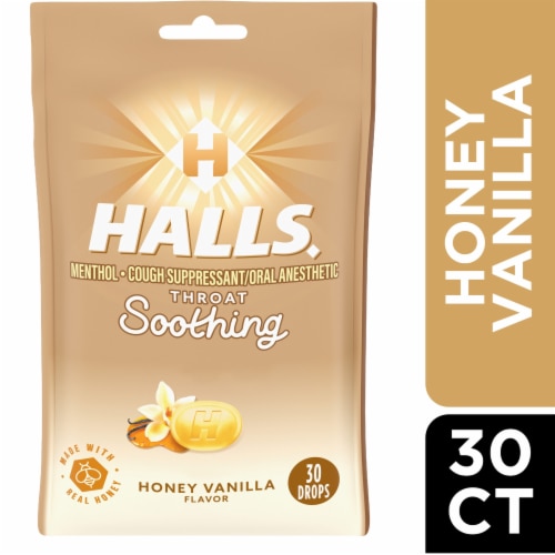 Halls Throat Soothing Honey Vanilla Cough Drops Perspective: front