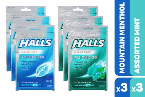 HALLS Sugar Free Mountain Menthol and Assorted Mint Flavored Cough Drops Perspective: front