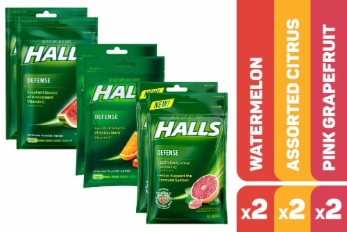 HALLS Defense Watermelon Assorted Citrus Pink Grapefruit Dietary Supplement Drops Perspective: front