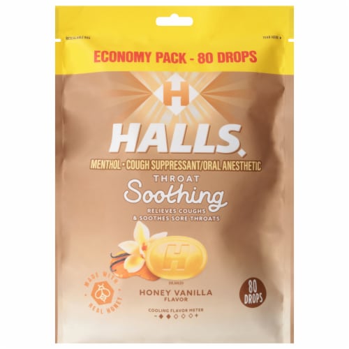 HALLS Honey Vanilla Soothing Cough Drops Perspective: front