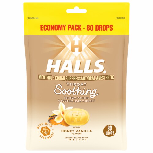 HALLS Honey Vanilla Soothing Cough Drops Perspective: front