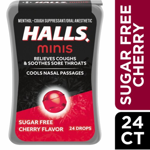 Halls Minis Cherry Flavor Sugar Free Cough Drops Perspective: front