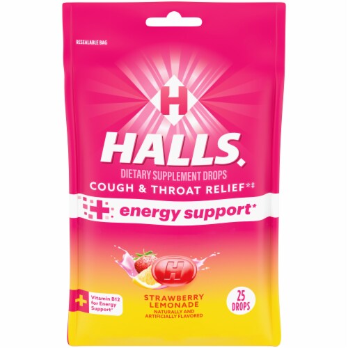 HALLS Strawberry Lemonade Cough & Throat Relief + Energy Support Drops Perspective: front