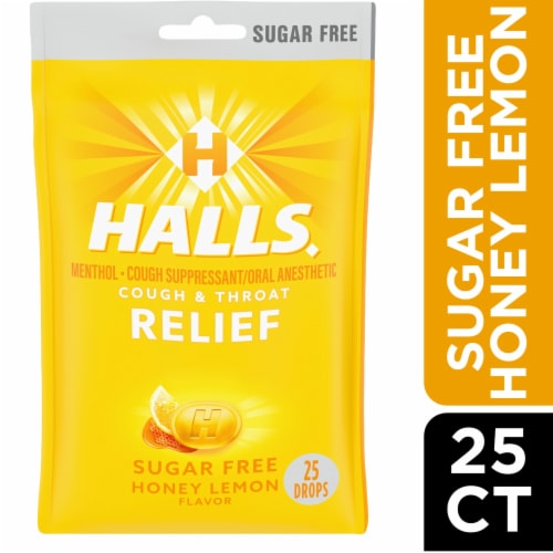 HALLS Relief Sugar Free Honey Lemon Flavor Cough Suppressant Drops Perspective: front