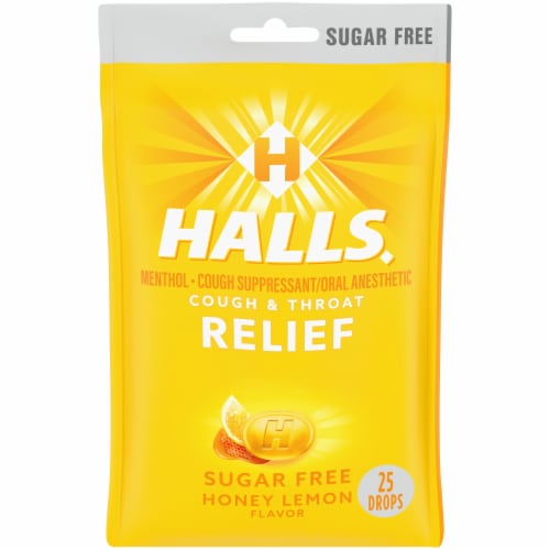 HALLS Relief Sugar Free Honey Lemon Flavor Cough Suppressant Drops Perspective: front