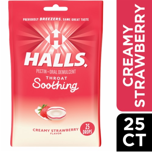 HALLS Throat Soothing Previously HALLS Breezers Creamy Strawberry Throat Drops Perspective: front