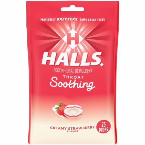 HALLS Throat Soothing Previously HALLS Breezers Creamy Strawberry Throat Drops Perspective: front