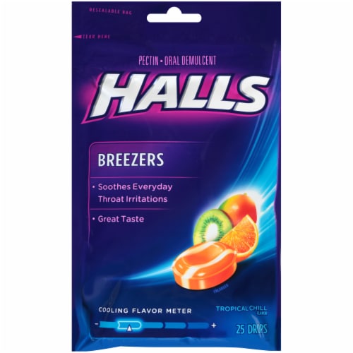 HALLS Breezers Tropical Chill Flavored Pectin Throat Drops Perspective: front