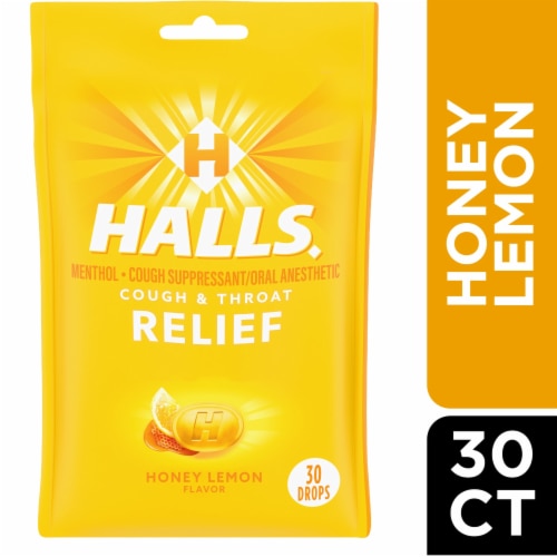HALLS Relief Honey Lemon Cough Drops Perspective: front