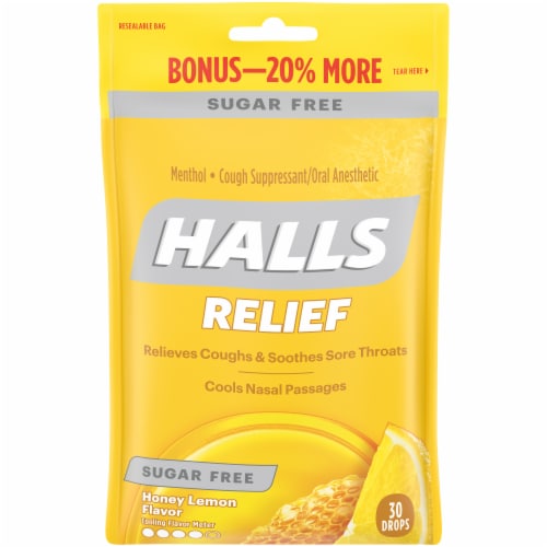 HALLS Sugar Free Honey-Lemon Flavored Cough Suppressant Drops Perspective: front