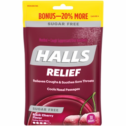 HALLS Relief Sugar Free Black Cherry Flavored Cough Suppressant Drops 30 Count Perspective: front