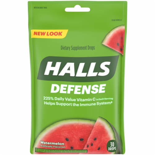 HALLS Defense Watermelon Dietary Supplement Drops 30 Count Perspective: front