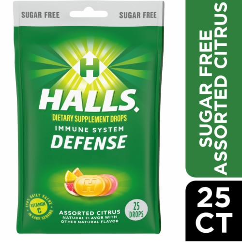 HALLS Defense Sugar Free Assorted Citrus Vitamin C Dietary Supplement Drops Perspective: front