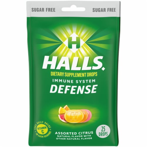 HALLS Defense Sugar Free Assorted Citrus Vitamin C Dietary Supplement Drops Perspective: front