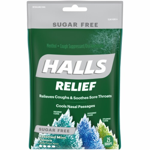 HALLS Relief Sugar Free Assorted Mint Flavor Cough Suppressant Drops Perspective: front