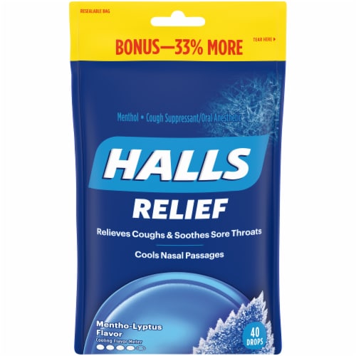 HALLS Relief Mentho-Lyptus Flavored Cough Suppressant Drops Perspective: front