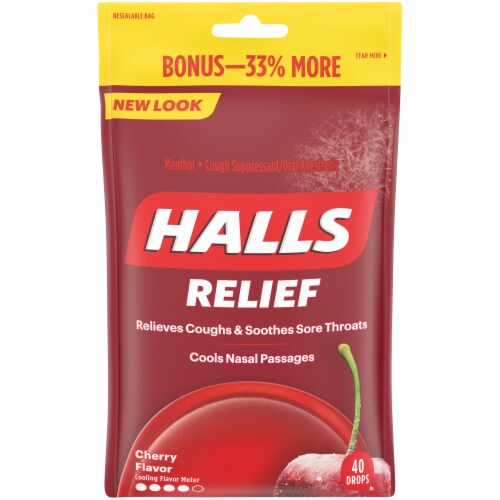 HALLS Relief Cherry Flavored Cough Suppressant Drops Perspective: front