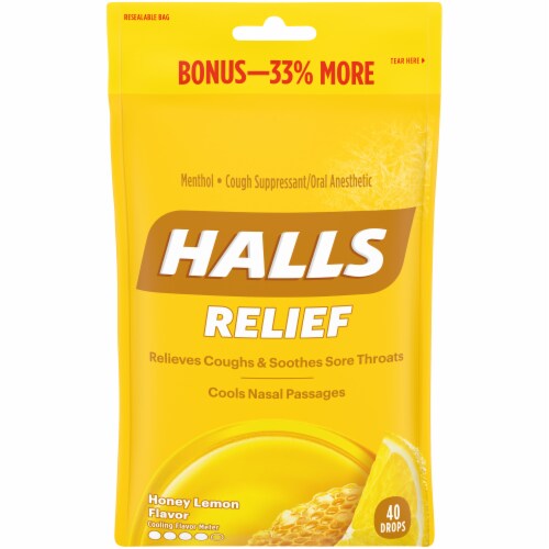 HALLS Relief Honey Lemon Flavor Cough Suppressant Drops Perspective: front
