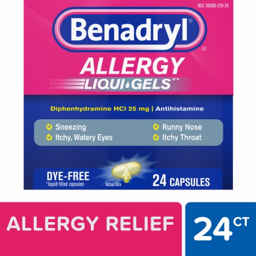 Benadryl Allergy & Cold Relief Dye-Free Liqui-Gels Diphenhydramine HCl Perspective: front