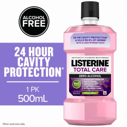 Listerine Total Care Mouthwash Fresh Mint Anticavity Fluoride Oral Rinse with 6 Benefits in 3 Perspective: front