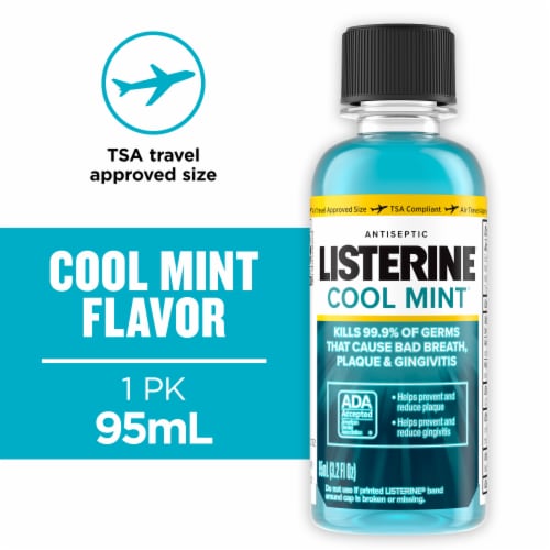 Listerine Cool Mint Antiseptic Mouthwash, Daily Oral Rinse for Bad Breath Travel Size Perspective: front