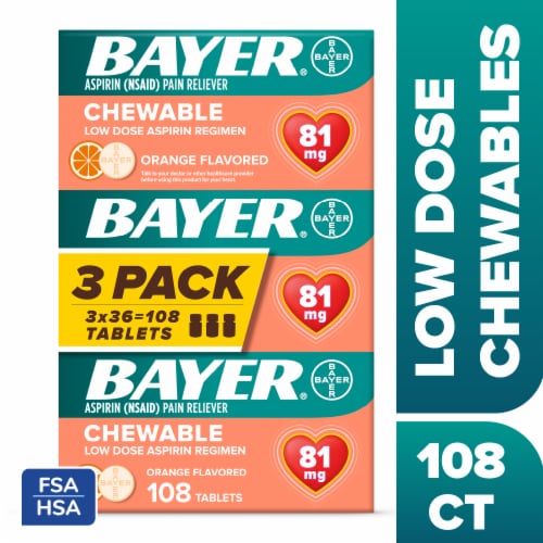 Bayer® Low Dose Chewable Aspirin Pain Reliever Orange Flavor Tablets 81mg Perspective: front