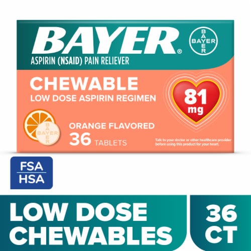 Bayer® Chewable Aspirin Regimen Low Dose Pain Reliever Orange Tablets Perspective: front