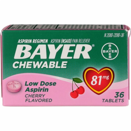 Bayer Low Dose Aspirin Pain Reliever Cherry Flavor Chewable Tablets - 81mg Perspective: front