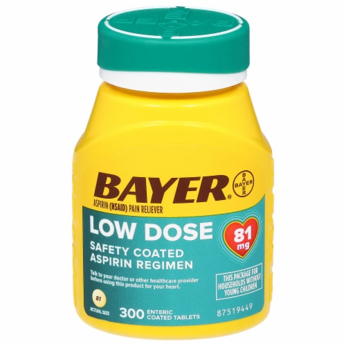 Bayer® Low Dose Safety Coated Pain Relief 81mg Asprin Tablets Perspective: front