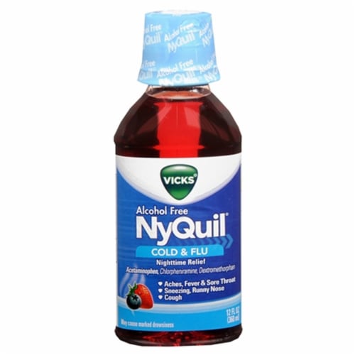 Vicks NyQuil Cold & Flu Alcohol Free Berry Flavor - 12 oz Perspective: front
