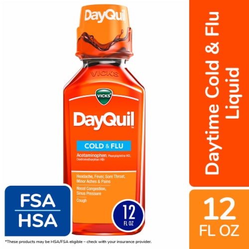 Vicks DayQuil Cold and Flu Multi-symptom Relief Medicine Liquid Perspective: front