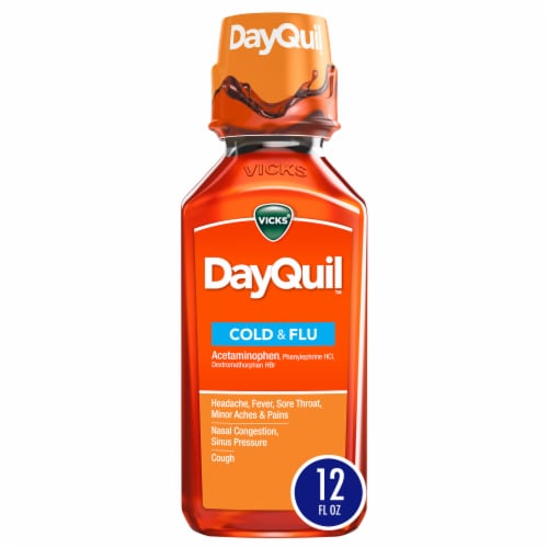 Vicks DayQuil Cold and Flu Multi-symptom Relief Medicine Liquid Perspective: front
