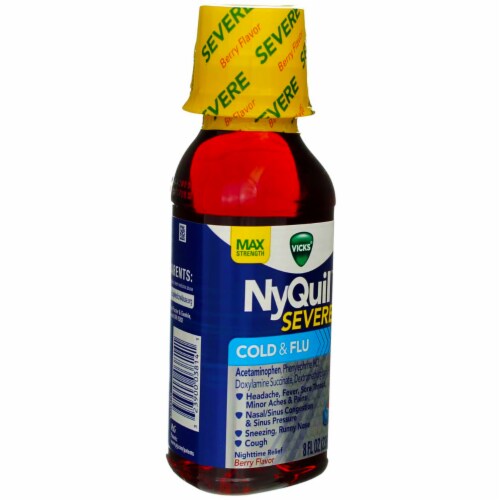 Vicks NyQuil Severe Nighttime Cold & Flu Relief Liquid, Berry, 8 fl oz Perspective: front