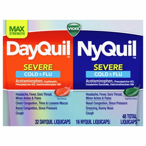 Vicks® DayQuil™ and NyQuil™ Max Strength Severe Cold & Flu Medicine Acetaminophen Liquicaps™ Perspective: front