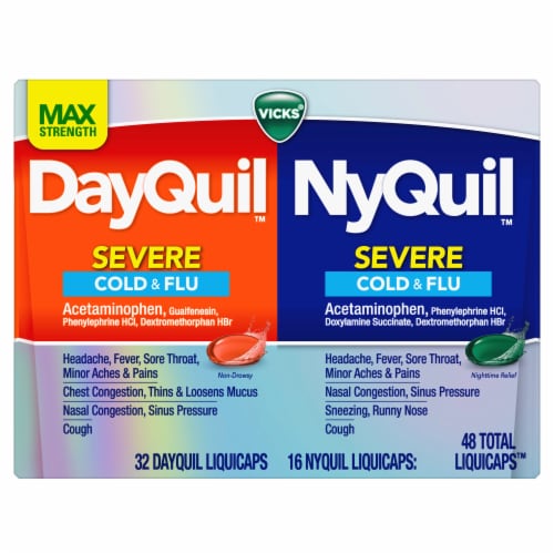 Vicks® DayQuil™ and NyQuil™ Max Strength Severe Cold & Flu Medicine Acetaminophen Liquicaps™ Perspective: front