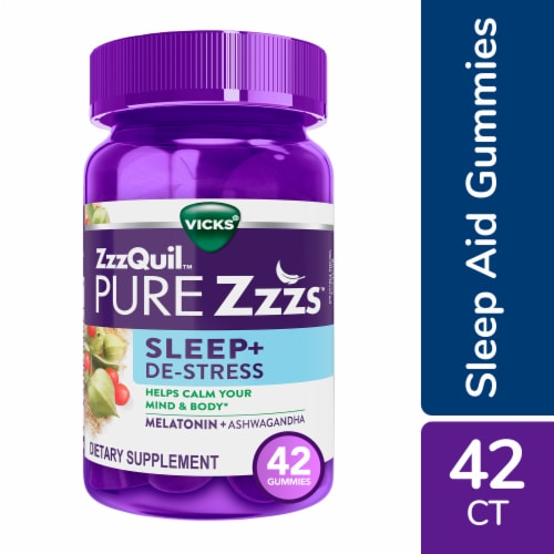 ZzzQuil PURE Zzzs De-Stress Melatonin Sleep Aid Gummies Perspective: front