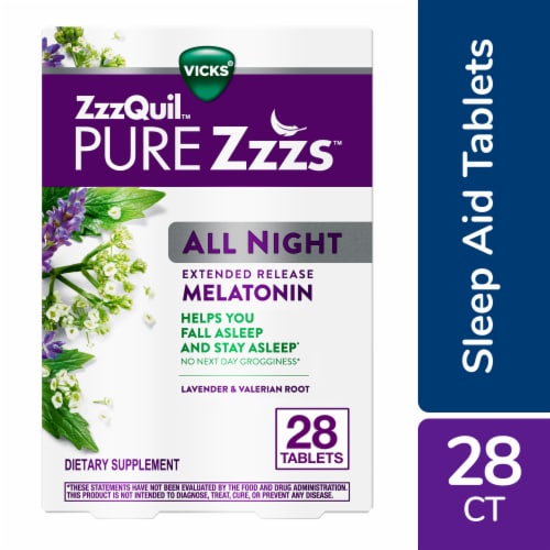 ZzzQuil PURE Zzzs All Night Extended Release Melatonin Sleep Aid Tablets Perspective: front